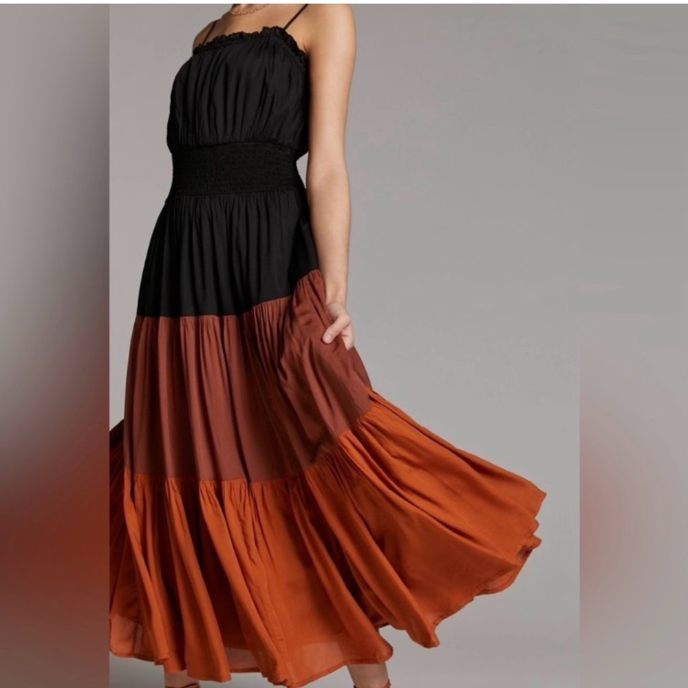 Tiered Black and Rust Maxi Dress with Smocked Waist